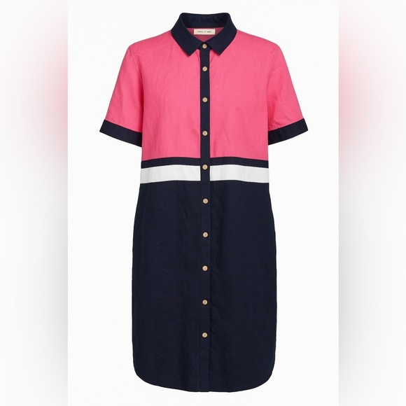 Court & Rowe Linen Colorblock Shirt Dress Pink Navy White Large - Picture 1 of 10